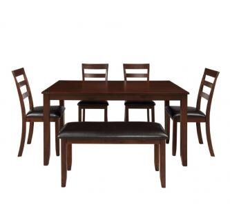 6-Piece Brown Dining Set with 4 Ladder Chairs and Bench